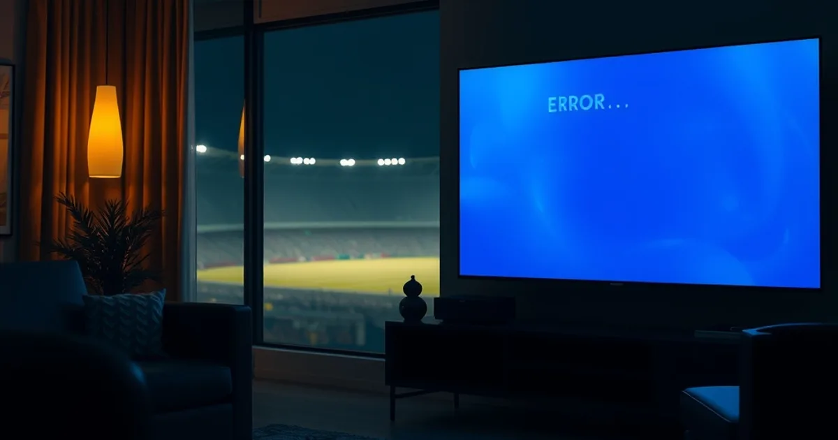 Un écran de télévision figé sur un signal coupé dans un salon plongé dans la pénombre, avec les lumières d'un stade visibles au loin par la fenêtre