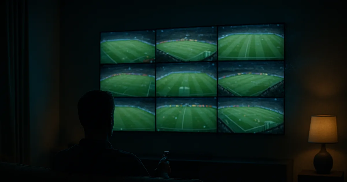 Salon sombre éclairé par un grand téléviseur affichant une mosaïque de plusieurs matchs de foot en simultané, un spectateur en silhouette regarde la scène, ambiance nocturne premium évoquant le pic de charge d'une soirée de Ligue 1.