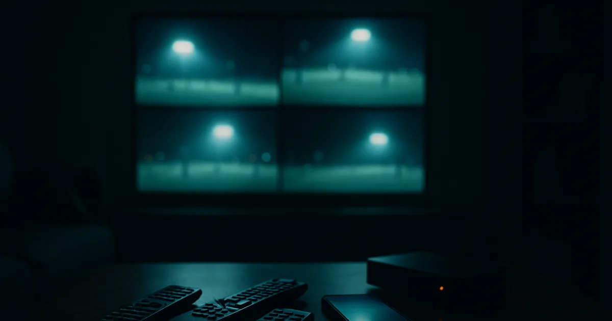Salon plongé dans le noir, éclairé par un téléviseur affichant quatre matchs de football en simultané, avec quatre télécommandes et un smartphone posés au premier plan sur une table basse