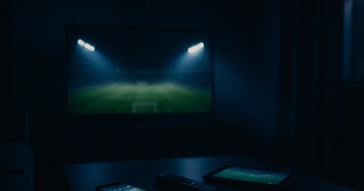 Salon sombre et cinématographique où un téléviseur diffuse un stade éclairé tandis qu'un smartphone, une tablette et une télécommande affichent chacun un match différent, illustrant la multiplication des abonnements foot.
