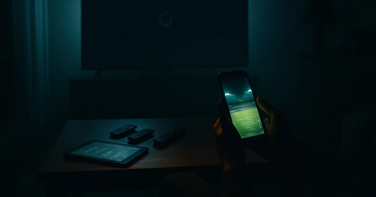 Salon sombre éclairé par un téléviseur affichant un écran noir de chargement, tandis qu'un smartphone tenu à la main montre un match de football éclairé, symbole de la fragmentation entre applications un soir de Ligue 1.