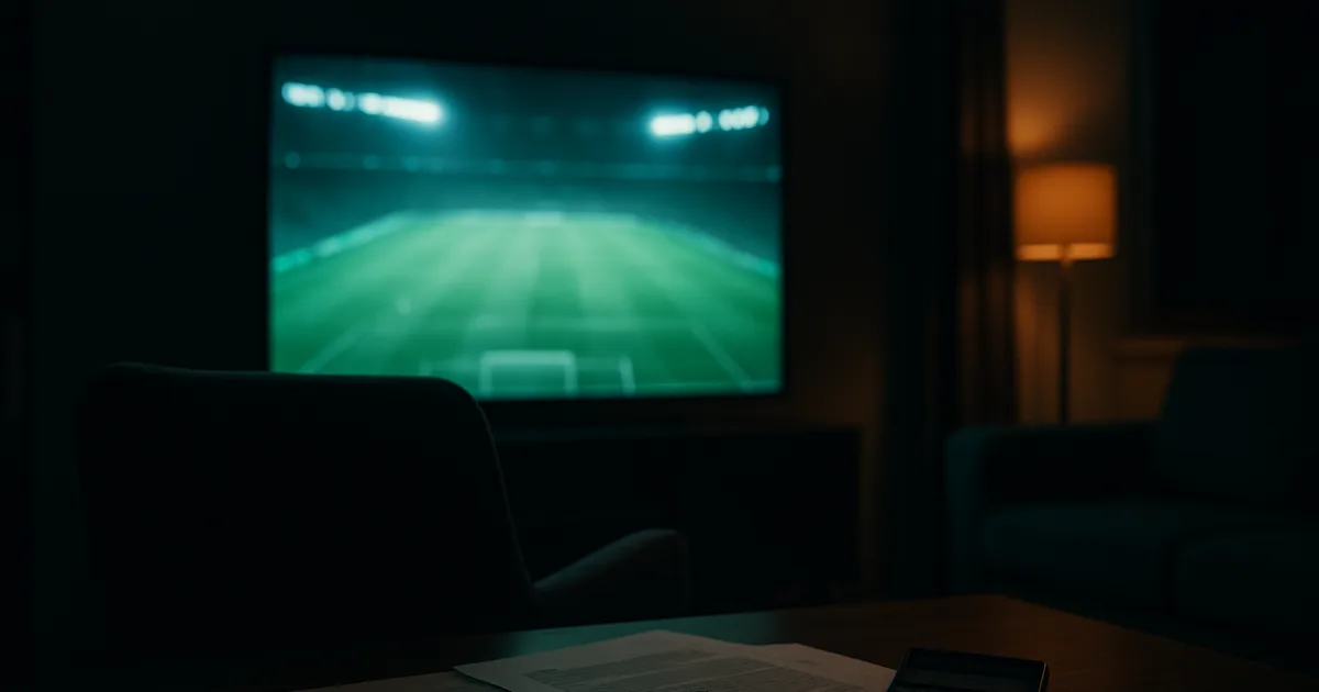 Salon sombre éclairé par la lumière verte d'un match de football à la télévision, avec des feuilles de contrat et une calculatrice posées sur la table basse au premier plan.