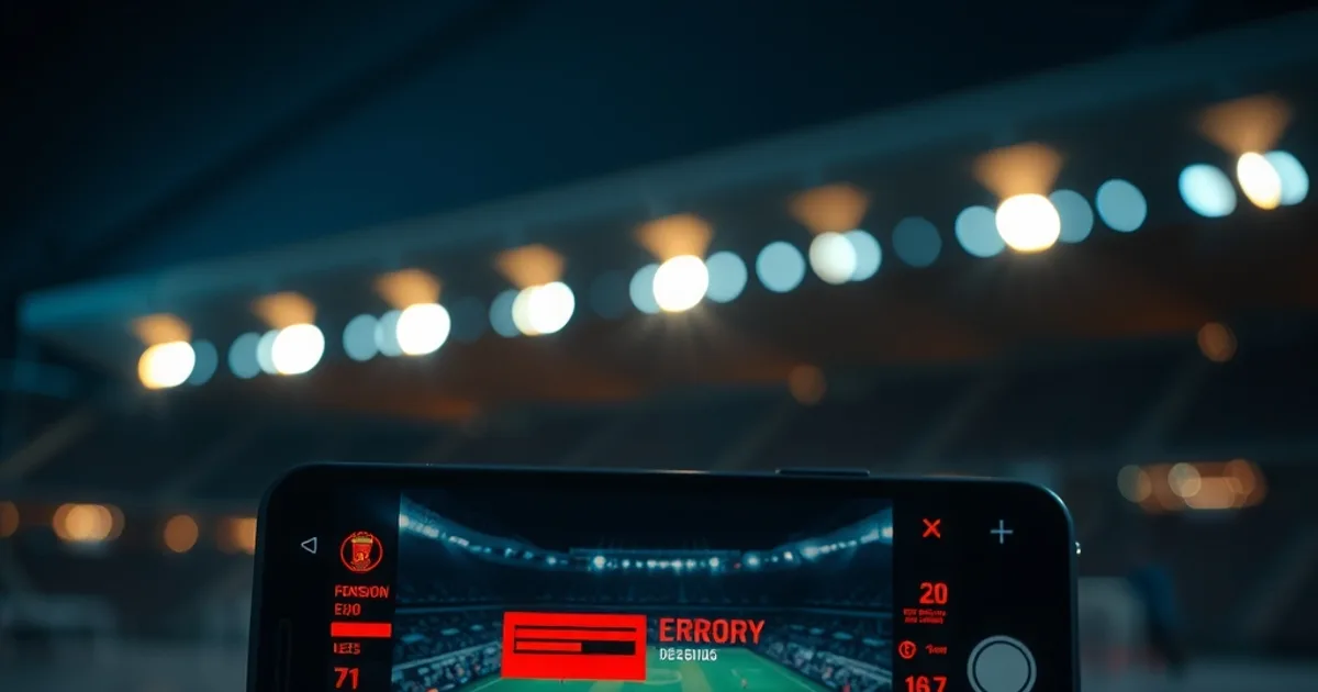 Un smartphone affichant un match de football qui se fige, entouré de pièces en euros, avec en arrière-plan les lumières floues d'un stade la nuit.