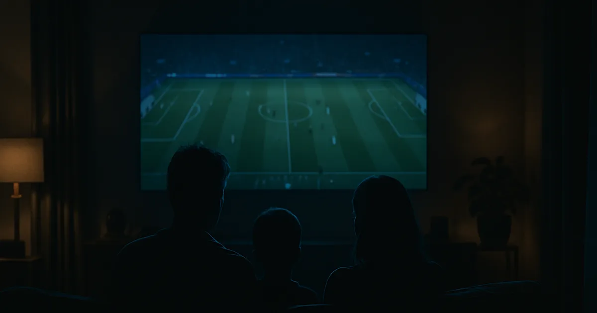 Salon plongé dans la pénombre, une Smart TV allumée diffusant un match de football éclaire les silhouettes d'une famille installée sur le canapé.