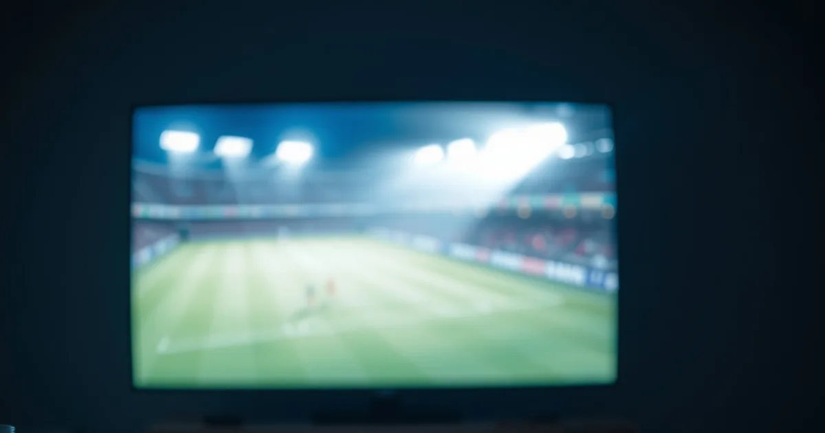 Salon plongé dans la pénombre, routeur et câble Ethernet au premier plan, écran de télévision diffusant une ambiance de match de football en arrière-plan
