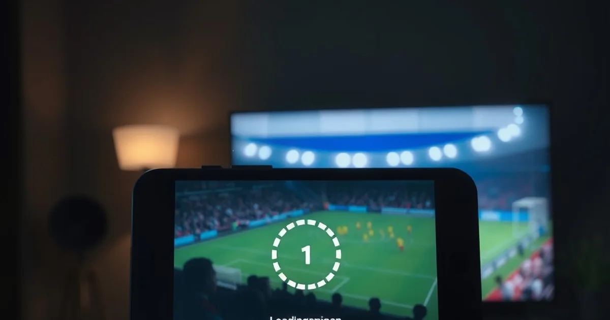 Un smartphone affiche un flux de streaming bloqué en chargement dans un salon sombre éclairé par la lumière bleutée de la télévision, un soir de match de Ligue 1.