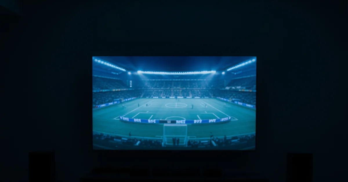 Salon plongé dans le noir, écran de télévision figé en plein match de football avec une image partiellement pixellisée, boîtier et routeur aux voyants allumés au premier plan