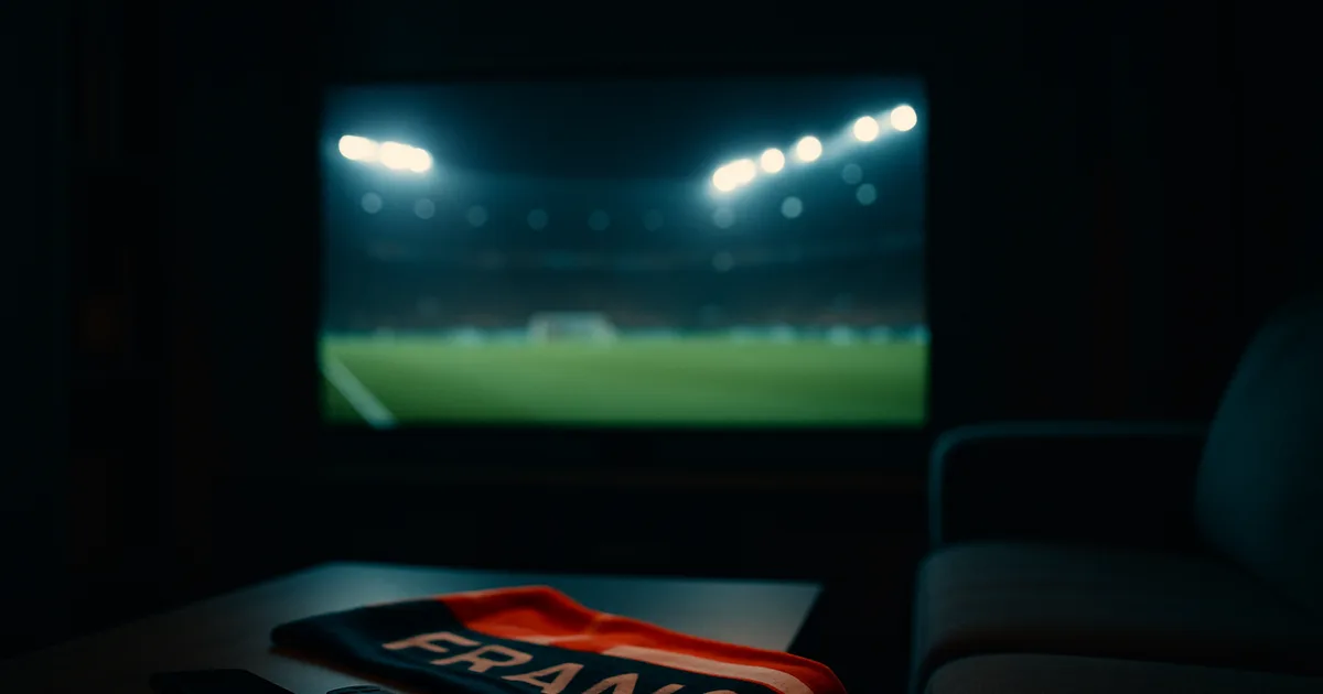 Salon sombre le soir éclairé par un téléviseur diffusant un match de football sous les projecteurs d'un stade, télécommande et smartphone posés sur une table basse, ambiance cinématographique premium.