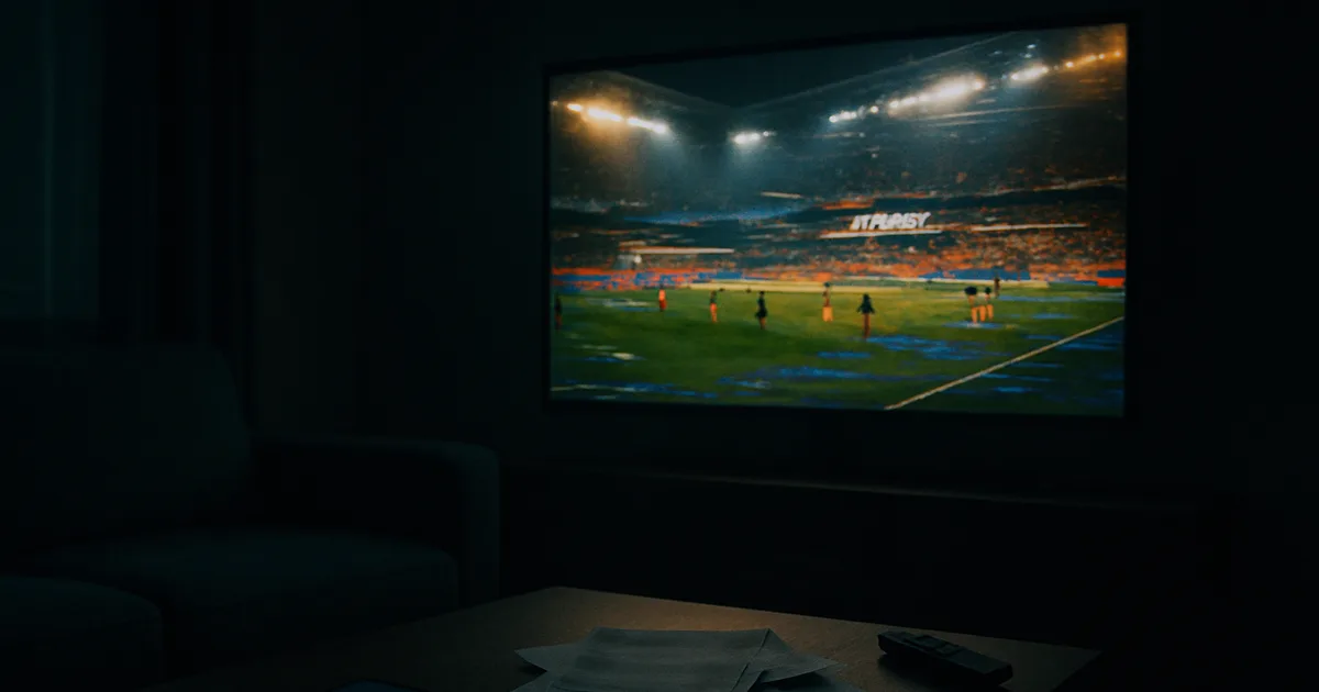 Salon sombre le soir éclairé par un téléviseur diffusant un match de football sous les projecteurs d'un stade, télécommande et smartphone posés sur une table basse, ambiance cinématographique premium.