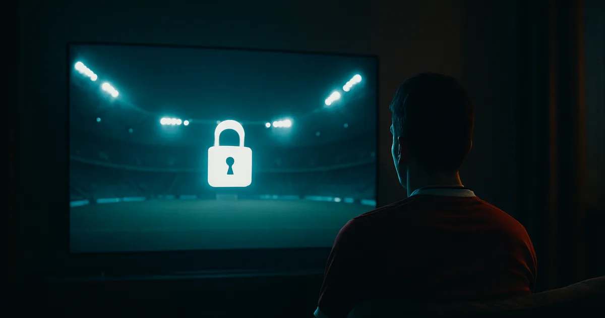 Un supporter seul dans un salon sombre, éclairé par la lueur bleutée d'un téléviseur affichant un stade illuminé la nuit, évoquant l'exclusivité et l'enfermement d'un abonnement foot unique.