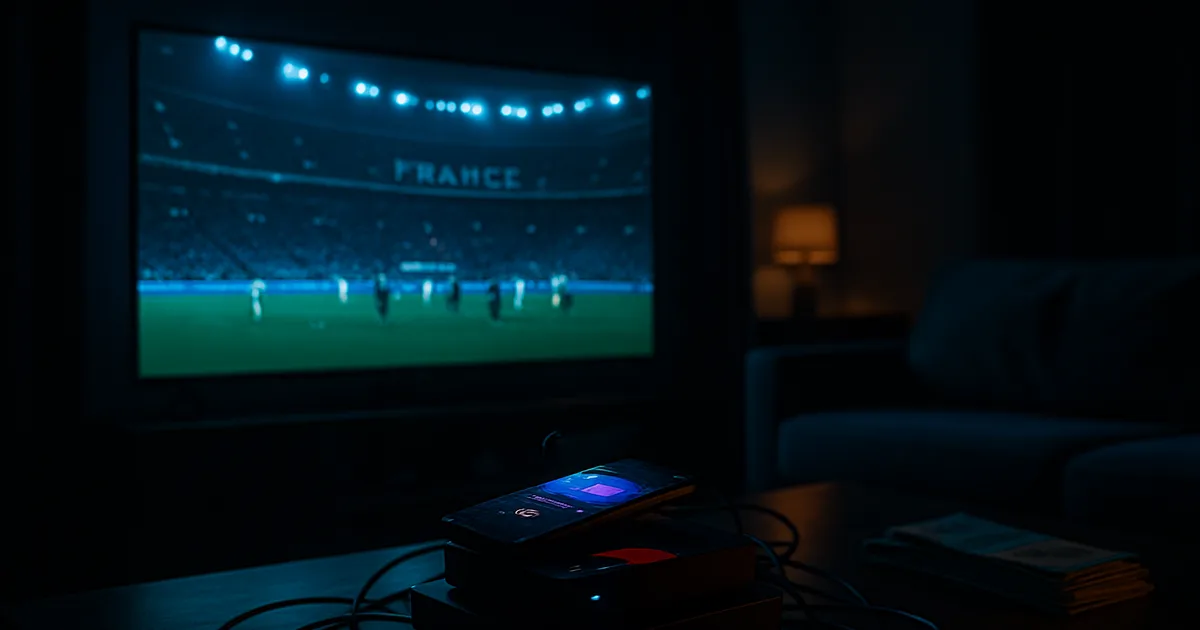 Salon plongé dans le noir éclairé par un match de football à la télévision, avec au premier plan plusieurs appareils et boîtiers de streaming empilés et des factures, symbolisant le multi-abonnement foot.