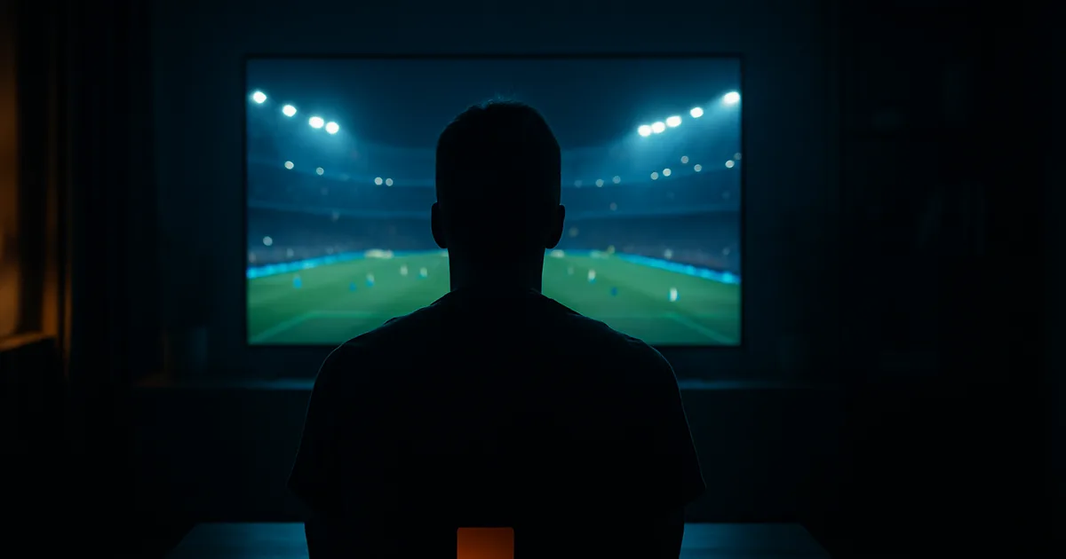 Un supporter de dos dans un salon sombre regarde un match de Ligue des Champions à la télévision, entouré de trois écrans allumés symbolisant trois abonnements séparés.