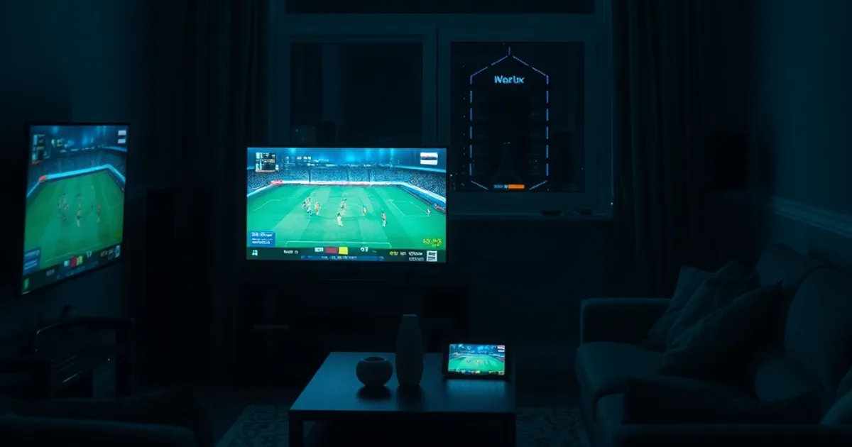 Plusieurs écrans diffusant des matchs de football en simultané dans un salon sombre, ambiance nocturne bleutée évoquant la charge réseau d'un soir de Ligue des Champions