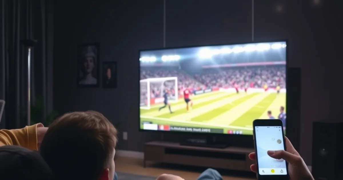 Salon plongé dans la pénombre, un supporter penché en avant sur le bord du canapé devant un match de football en direct sur un grand écran 4K, smartphone allumé à la main pour comparer des offres IPTV, ambiance nocturne électrique de soir de match