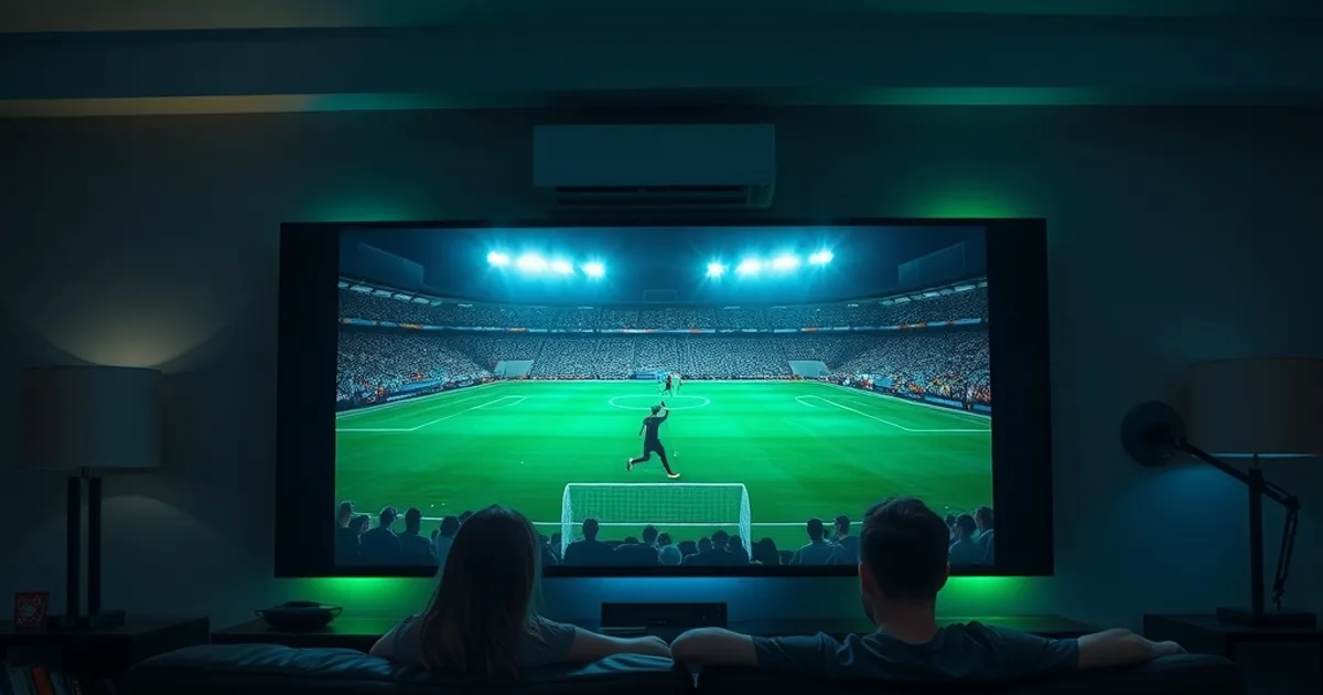 Salon sombre et cinématographique, une famille regardant un match de football en soirée sur grand écran, avec tablette et smartphone allumés sur la table basse