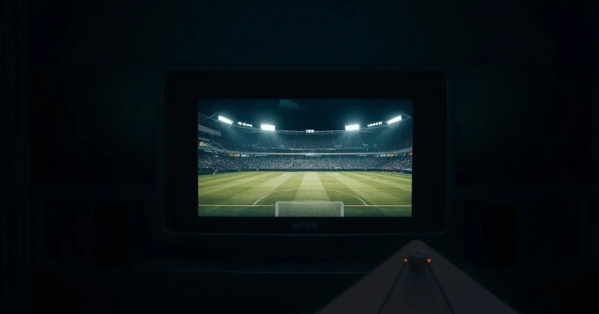 Salon plongé dans la pénombre, écran de télévision affichant un match de football qui se fige avec de légers artefacts de compression, ambiance nocturne bleu et ambre.
