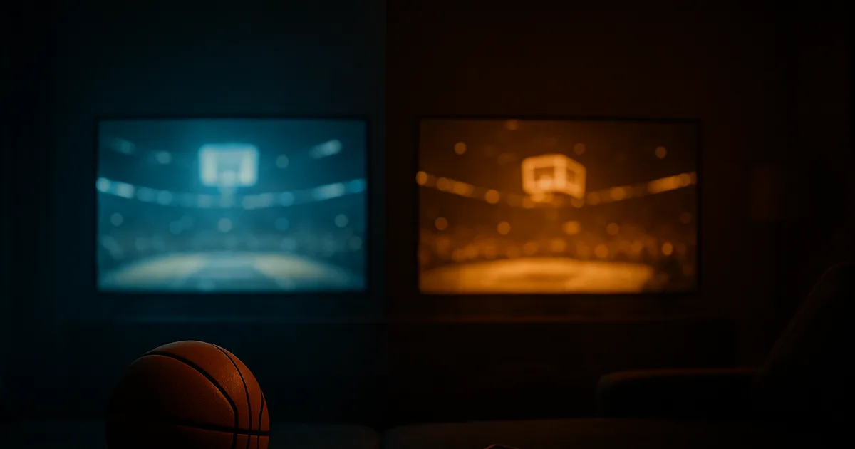 Salon sombre la nuit avec deux écrans côte à côte séparés par une ligne d'ombre verticale, l'un baigné de bleu froid et l'autre d'ambre chaud, diffusant une salle de basket floutée, un ballon orange et une calculatrice posés au premier plan sur le canapé.