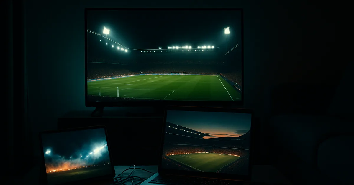 Salon plongé dans le noir la nuit, éclairé par plusieurs écrans allumés simultanément diffusant chacun un match de football dans un stade différent, avec une télécommande posée sur la table basse au milieu des câbles.