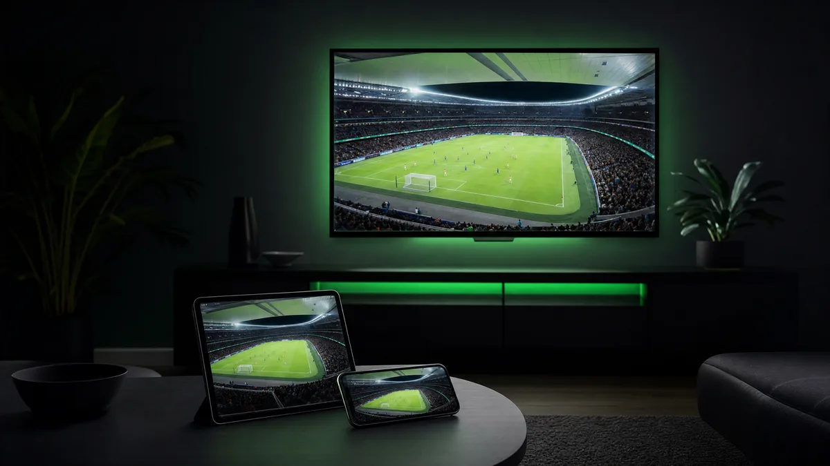 Télévision, tablette et smartphone diffusant le même match de football dans un salon sombre