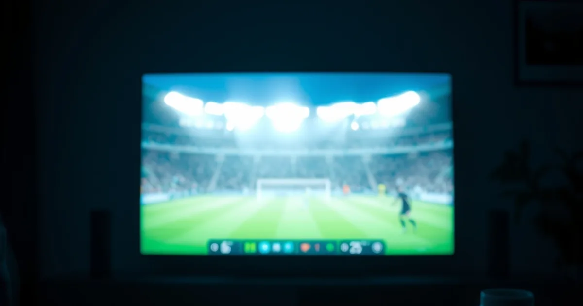 Salon plongé dans le noir, écran de télévision diffusant un match de football en pleine action, ambiance tendue avant un match décisif