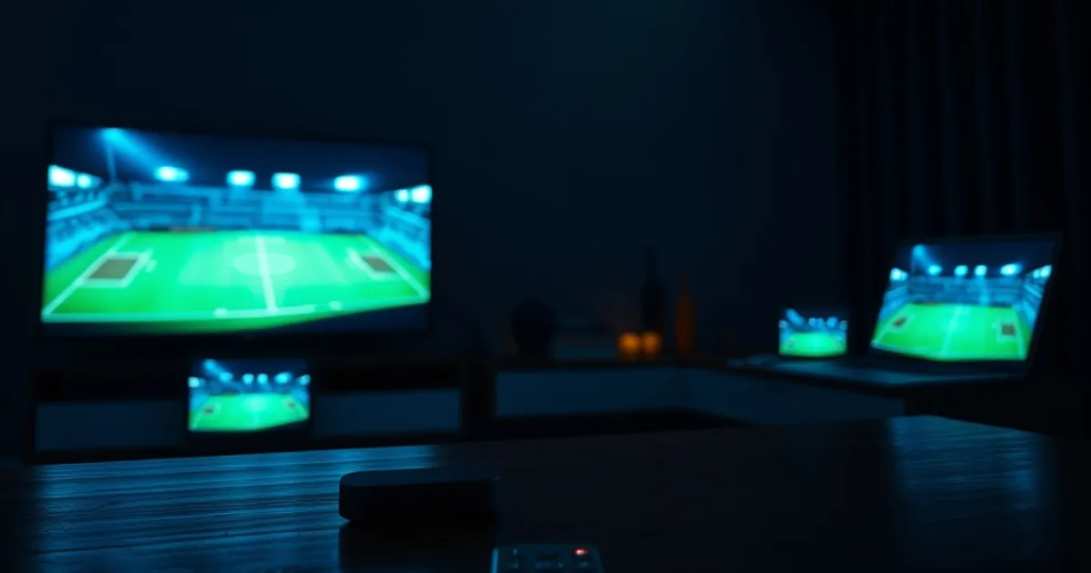 Salon sombre avec plusieurs écrans allumés simultanément diffusant un match de football, ambiance cinématographique premium