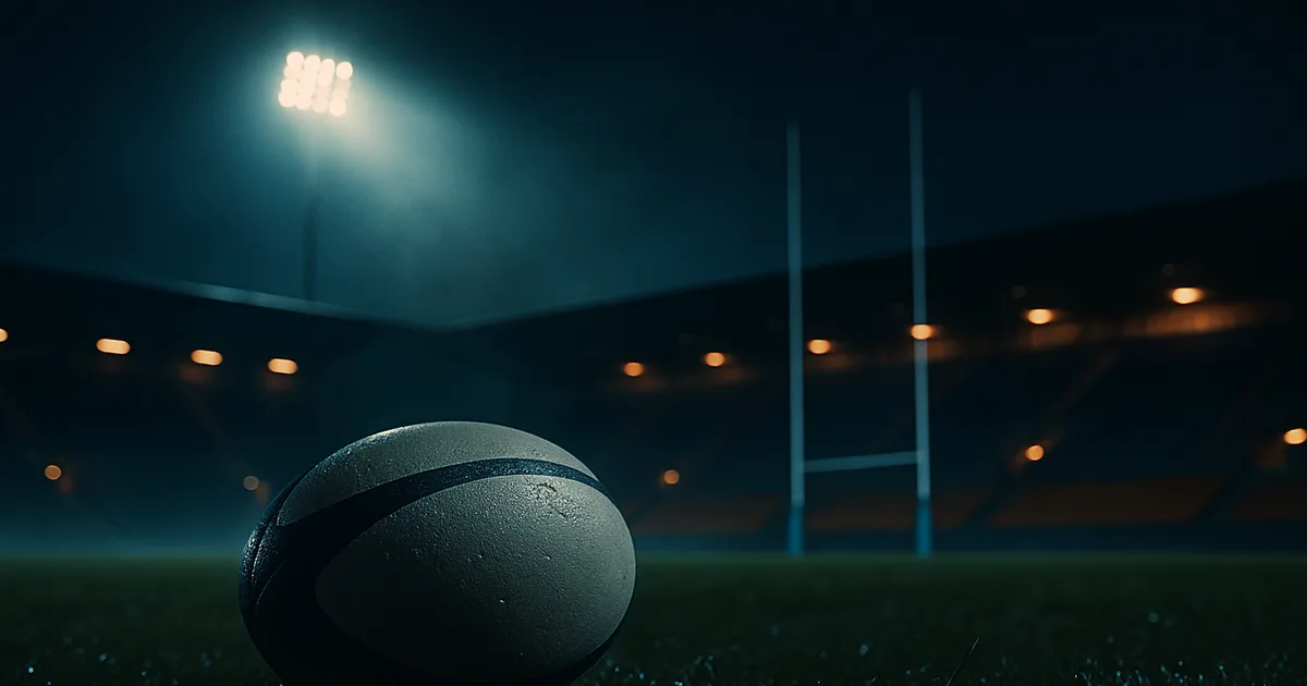 Ballon de rugby posé sur une pelouse humide devant un stade éclairé par des projecteurs à la tombée de la nuit, tribunes vides dans une lumière ambrée, atmosphère sombre et cinématographique de veille de première journée de Top 14.