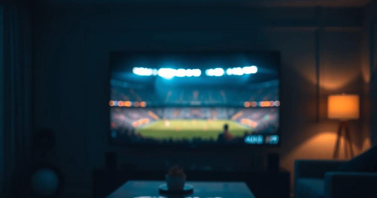 Salon plongé dans l'obscurité avec un téléviseur 4K allumé diffusant un stade de football illuminé, smartphone et télécommande posés au premier plan