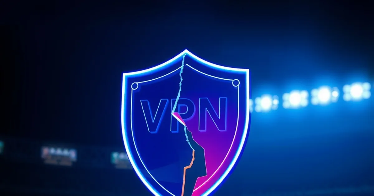 Un bouclier VPN numérique fissuré laissant filtrer une lumière rouge d'alerte, sur fond flouté de silhouette de tribunal et de projecteurs de stade de football, ambiance sombre et cinématographique.
