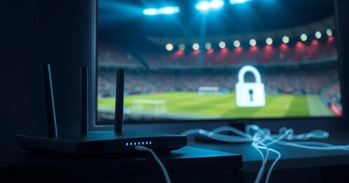 Routeur et box connectés la nuit, un flux lumineux bleu symbolisant un tunnel VPN sécurisé traverse le réseau domestique vers un écran de télévision où l'on devine un stade de football éclairé en arrière-plan flou