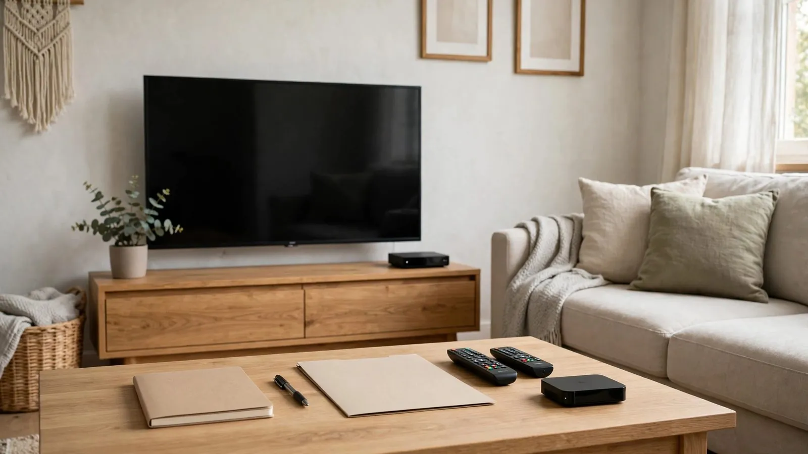 Salon partagé ordonné avec canapé, téléviseur et table basse portant un carnet fermé, un stylo, une chemise vierge, des télécommandes et un boîtier de streaming